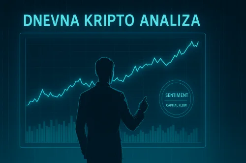 Hologramski prikaz dnevne kripto analize s futurističkim investitorom, dnevna kripto analiza