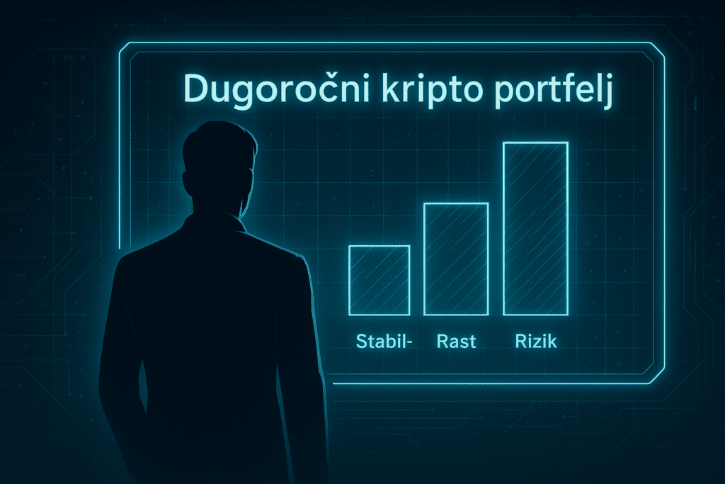 Futuristički hologram koji prikazuje dugoročni kripto portfelj i njegove slojeve