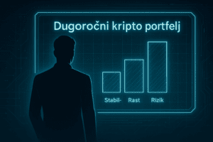 Futuristički hologram koji prikazuje dugoročni kripto portfelj i njegove slojeve