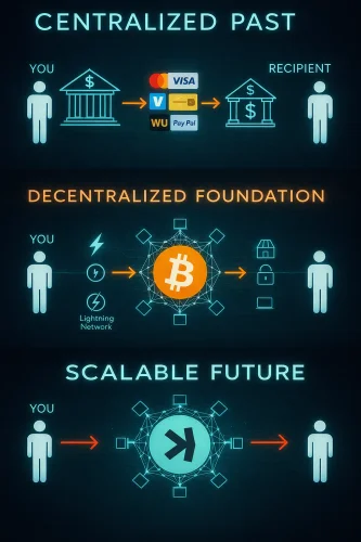 Infografika evolucije plaćanja: od banaka do blockchaina, kriptovaluta i skalabilnih rješenja.