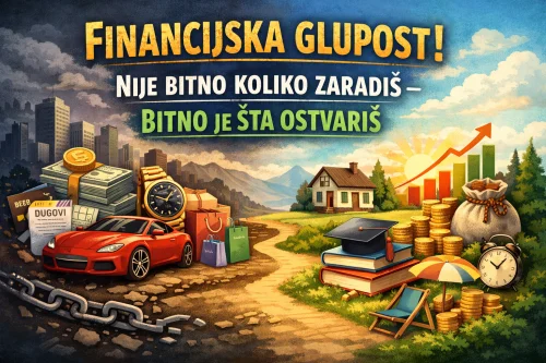 Crtana ilustracija financijske mudrosti: štednja, ulaganje protiv dugova, potrošnje.
