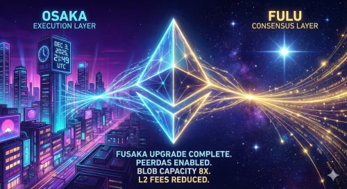 Futuristički Osaka grad, svemir s Ethereum tehnologijom i Fusaka nadogradnjom.