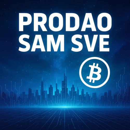 Bitcoin, futuristički grad i digitalna prodaja kriptovaluta noću.Prodao sam sve