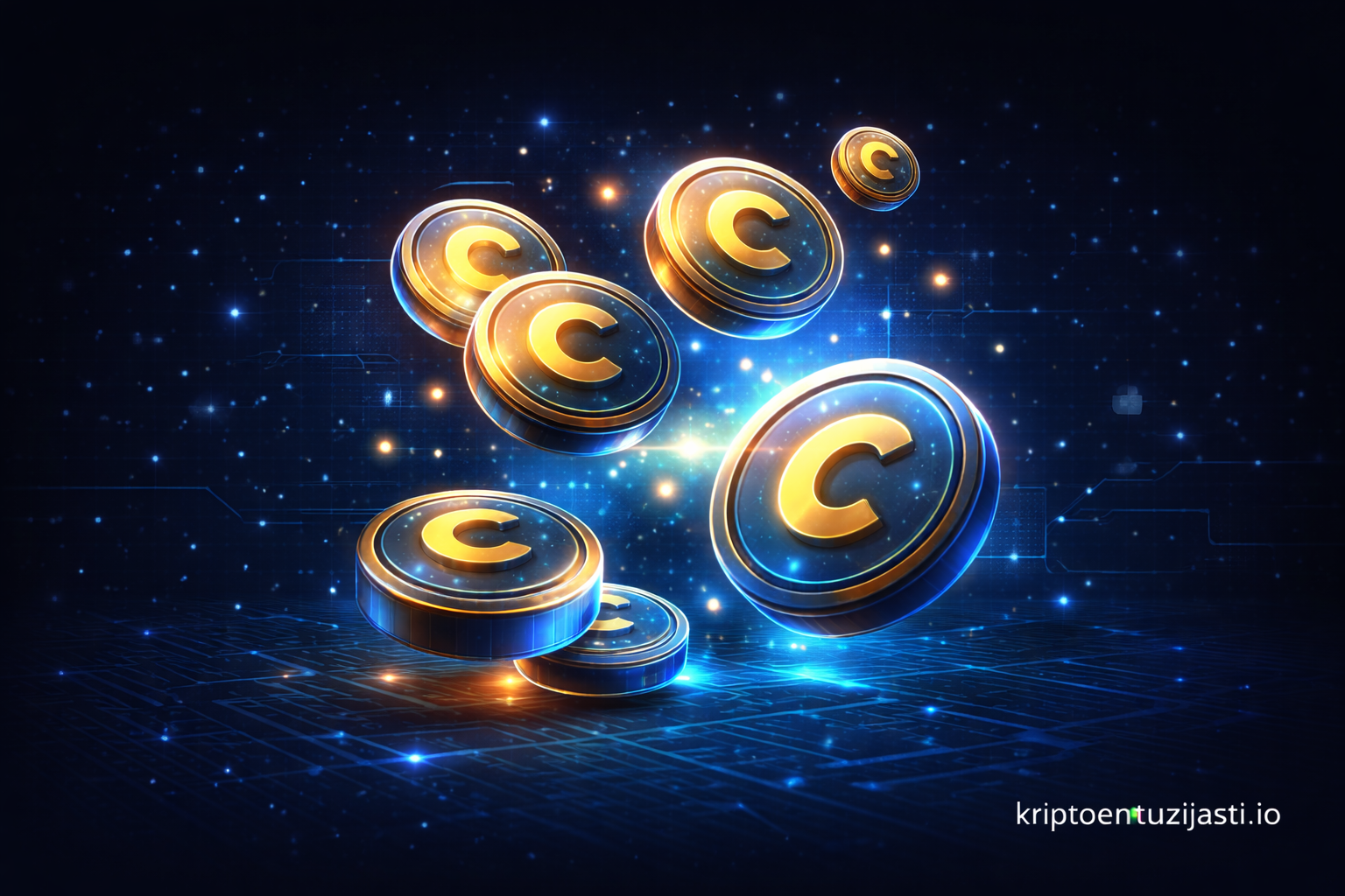 Zlatne kriptovalute C u futurističkoj digitalnoj mreži.