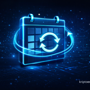 Futuristički plavi digitalni kalendar s ikonom za osvježavanje kripto podataka.