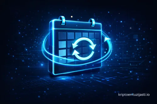 Futuristički plavi digitalni kalendar s ikonom za osvježavanje kripto podataka.