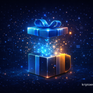 Svjetleća otvorena poklon kutija s plavim i narančastim iskrama na kozmičkoj pozadini.