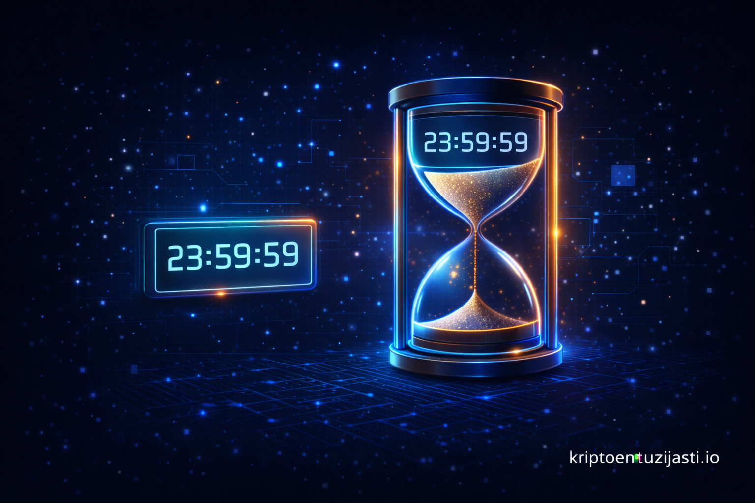 Futuristički digitalni pješčani sat simbol je kripto vremena.