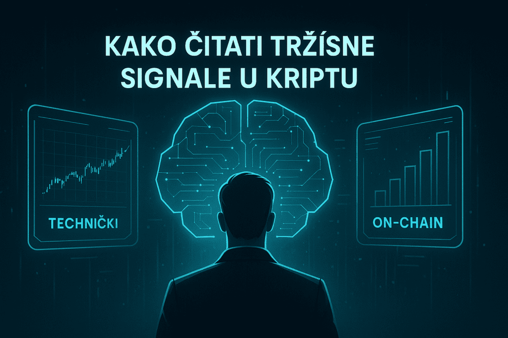 Futuristički hologrami koji prikazuju kako čitati tržišne signale u kriptu.tržišni signali