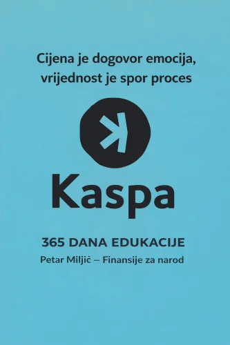 Kaspa edukacija: Plakat financije, Petar Miljić, inspirativni citati, plavi dizajn.