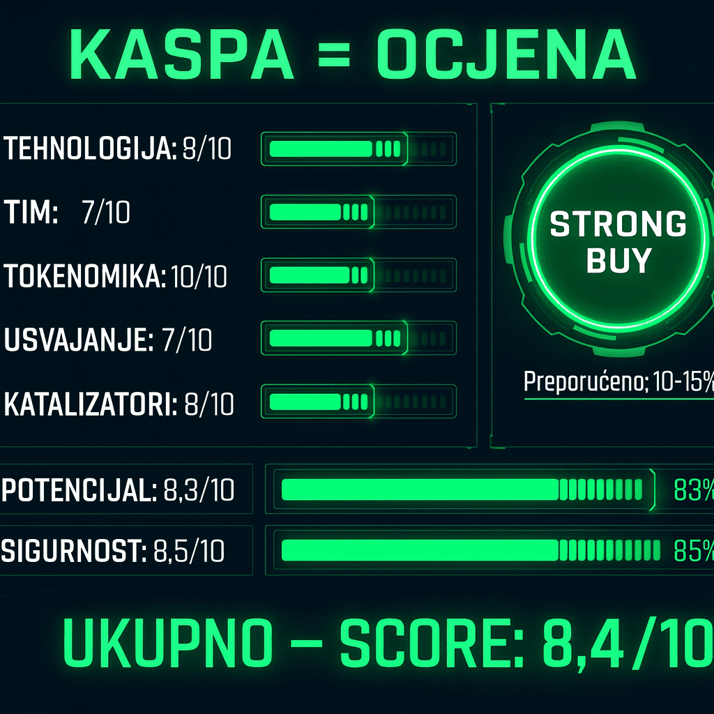 KASPA kriptovaluta infografika: analiza, ocjena, jaka preporuka kupnje.
