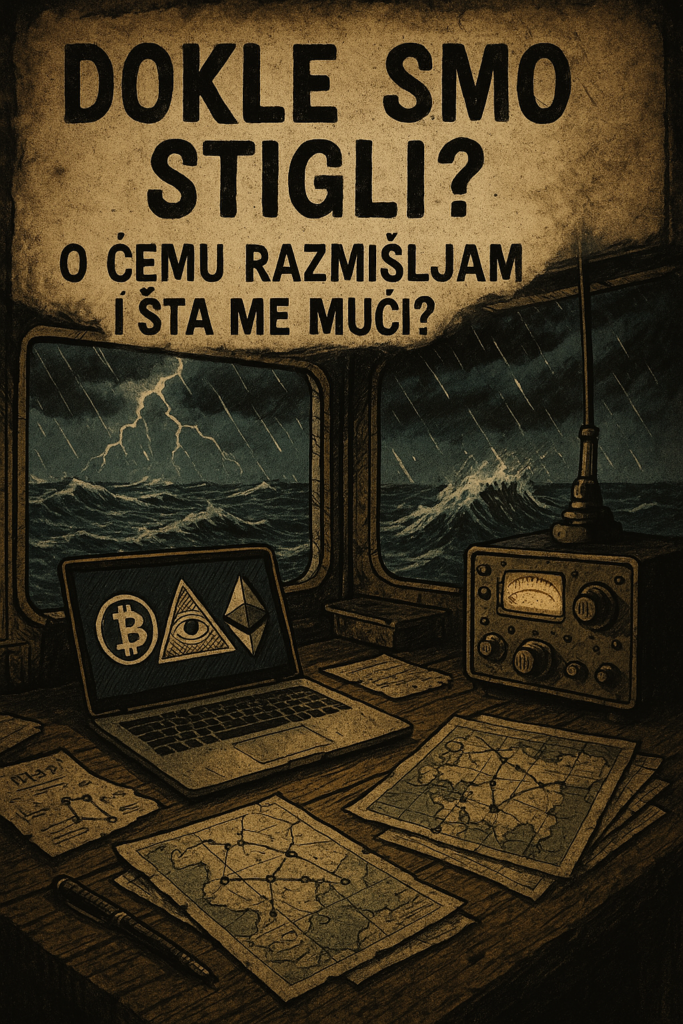 Oluja na moru iz kabine, kripto stol s Bitcoinom i navigacijskim kartama.