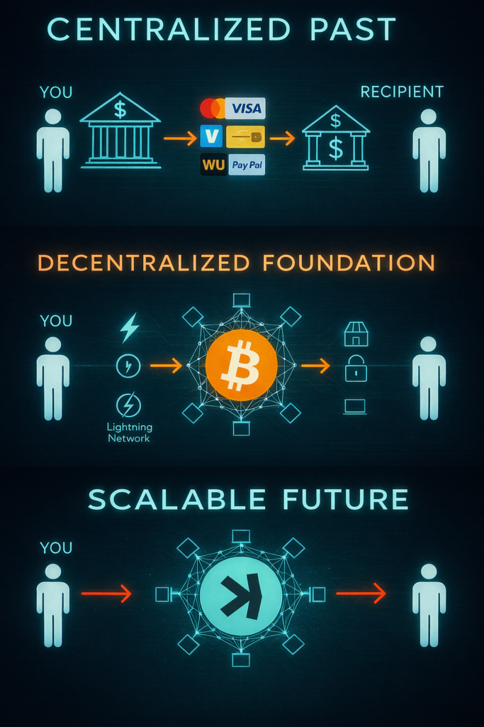 Infografika evolucije plaćanja: od banaka do blockchaina, kriptovaluta i skalabilnih rješenja.