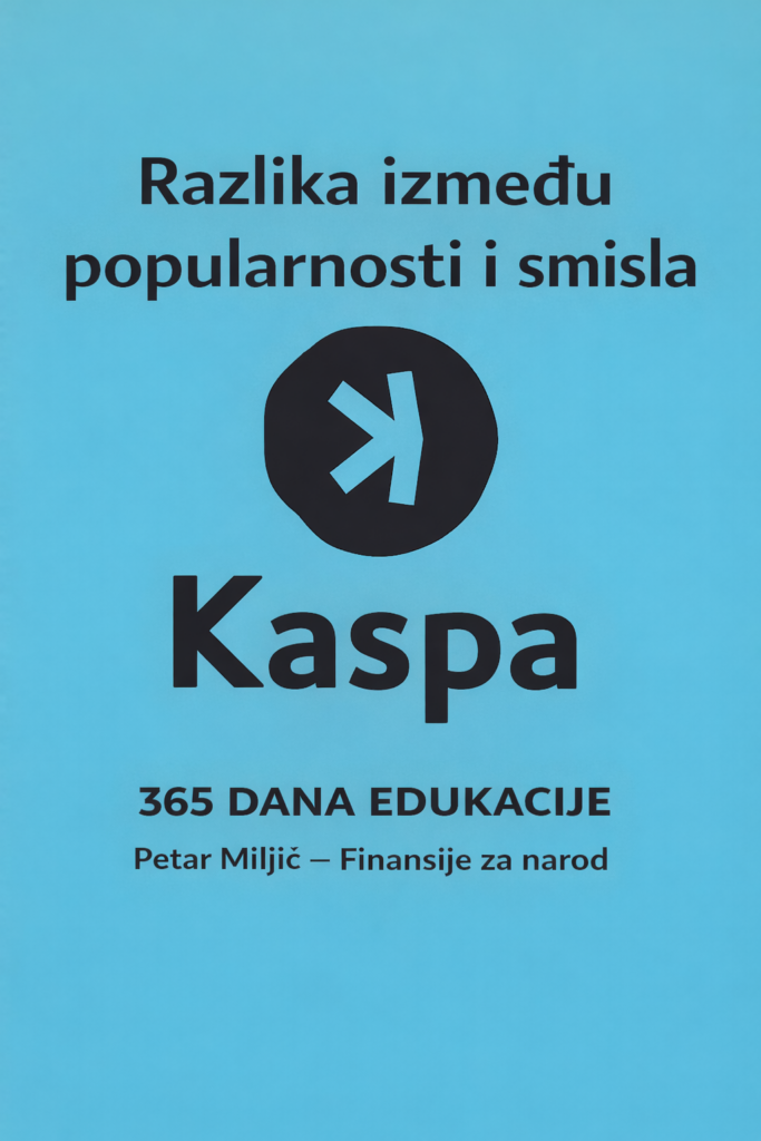Kaspa naslovnica knjige, edukacija i financije, Petar Miljić, plava pozadina.