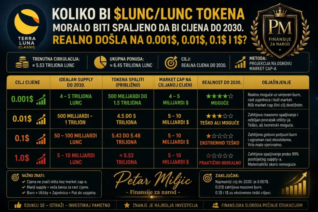 Koliko bi LUNC tokena moralo biti spaljeno da bi cijena do 2030. realno došla na 0.001$, 0.01$, 0.1$ i 1$?